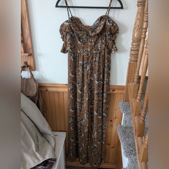 Elliatt Anthropologie Tan Prairie Floral Print Wide Leg Crepe Jumpsuit Size L - Picture 9 of 11